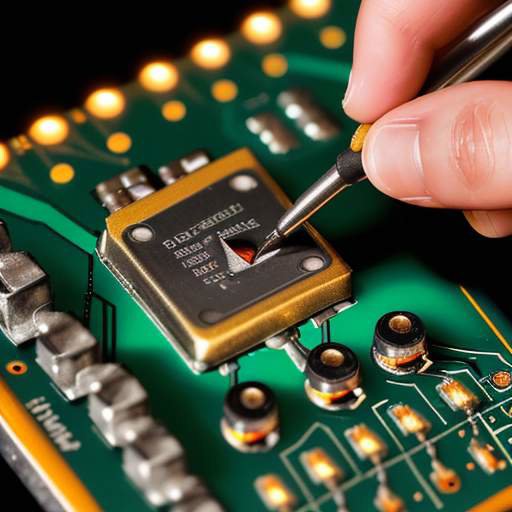 Nahaufnahme einer Hand, die mit einem Lötzinn einen kleinen Widerstand auf einer Platine mit bunten LEDs anlötet.