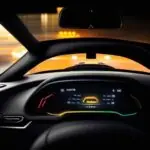 Nahaufnahme eines Armaturenbretts eines Elektroautos bei Nacht, auf dem eine gelbe Warnleuchte auf dem Display leuchtet und eine dramatische Atmosphäre erzeugt.