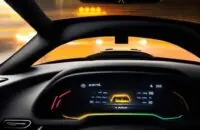 Nahaufnahme eines Armaturenbretts eines Elektroautos bei Nacht, auf dem eine gelbe Warnleuchte auf dem Display leuchtet und eine dramatische Atmosphäre erzeugt.