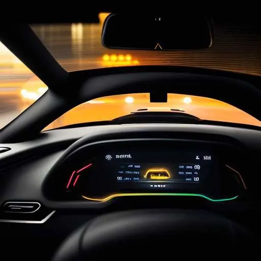 Nahaufnahme eines Armaturenbretts eines Elektroautos bei Nacht, auf dem eine gelbe Warnleuchte auf dem Display leuchtet und eine dramatische Atmosphäre erzeugt.