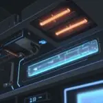 Nahaufnahme eines metallischen USB-C-Anschlusses mit sichtbaren internen Pins und Kupferleitungen vor einem Hintergrund mit leuchtenden LEDs auf einer Platine.