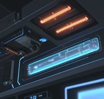 Nahaufnahme eines metallischen USB-C-Anschlusses mit sichtbaren internen Pins und Kupferleitungen vor einem Hintergrund mit leuchtenden LEDs auf einer Platine.