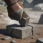 Nahaufnahme eines rostigen Eisenbrechstabs, der einen schweren Steinblock aus dem Boden hebelt, um das Hebelprinzip zu veranschaulichen.