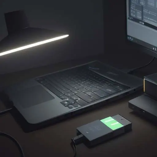 Nahaufnahme eines Smartphones und Laptops, die über eine USB-C-Dockstation verbunden sind, mit leuchtenden Linien, die den Datenfluss symbolisieren.