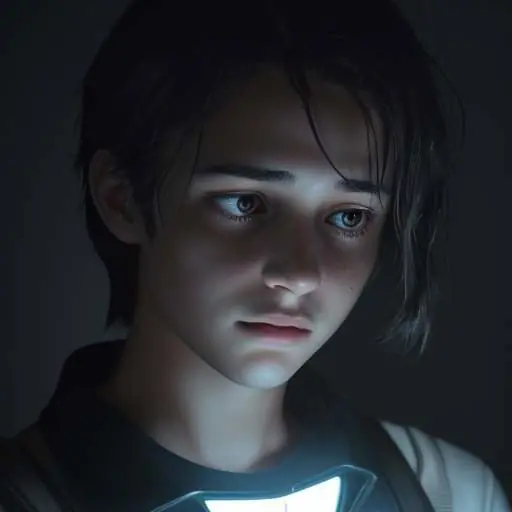 Nahaufnahme eines Teenagers in einem abgedunkelten Raum, der mit einem emotionalen und intensiven Gesichtsausdruck auf das leuchtende Display eines Smartphones mit einer KI-Chat-Oberfläche blickt.