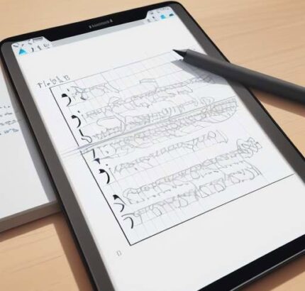 Tablet mit minimalistischer Oberfläche zur Schritt-für-Schritt-Lösung einer quadratischen Gleichung, platziert auf einem professionellen Schreibtisch mit Notizbuch und Kugelschreiber im weichen, natürlichen Licht.