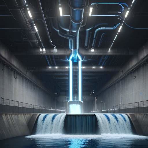 Technisches Querschnittsdiagramm eines Wasserkraftwerks, das den Energiefluss von einem Reservoir durch Leitungsrohre in eine Turbine visualisiert, wobei leuchtende Linien die Umwandlung von potenzieller in kinetische Energie verdeutlichen.