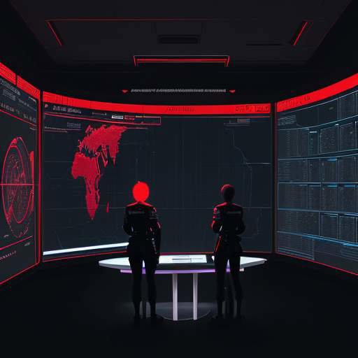 Zwei Silhouetten in einem futuristischen Kontrollzentrum analysieren auf großen Bildschirmen komplexe Datenvisualisierungen und eine rote Warnzone im Kontext von Cyber-Sicherheit.