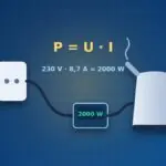 Steckdose, Messgerät mit 2000 Watt und Wasserkocher, darüber P = U · I mit 230 V · 8,7 A