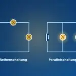 Reihenschaltung mit zwei schwach leuchtenden Lampen neben Parallelschaltung mit zwei hell leuchtenden Lampen