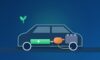 Hybridauto im Querschnitt mit Batterie, Elektromotor und Verbrennungsmotor, die gemeinsam die Räder antreiben