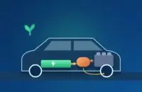 Hybridauto im Querschnitt mit Batterie, Elektromotor und Verbrennungsmotor, die gemeinsam die Räder antreiben