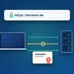 Adresszeile mit Schloss und https, Laptop und Server tauschen Nachrichten und ein Zertifikat aus