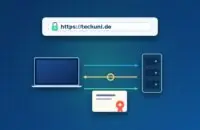 Adresszeile mit Schloss und https, Laptop und Server tauschen Nachrichten und ein Zertifikat aus