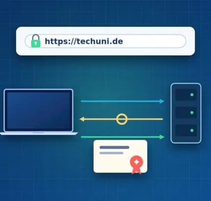 Adresszeile mit Schloss und https, Laptop und Server tauschen Nachrichten und ein Zertifikat aus