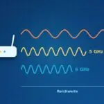 WLAN-Router mit drei Wellen: 2,4 GHz mit längster Wellenlänge und Reichweite, 5 und 6 GHz kürzer