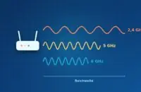 WLAN-Router mit drei Wellen: 2,4 GHz mit längster Wellenlänge und Reichweite, 5 und 6 GHz kürzer